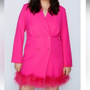 Plus size pink blazer dress with feather hem